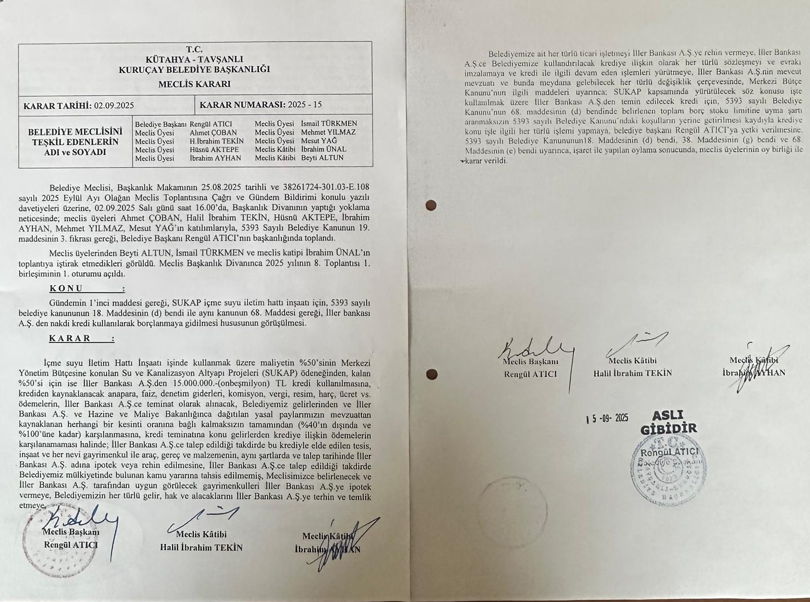 2025 Yılı Eylül Ayı Meclis Toplantısına Ait  Gündem Kararları