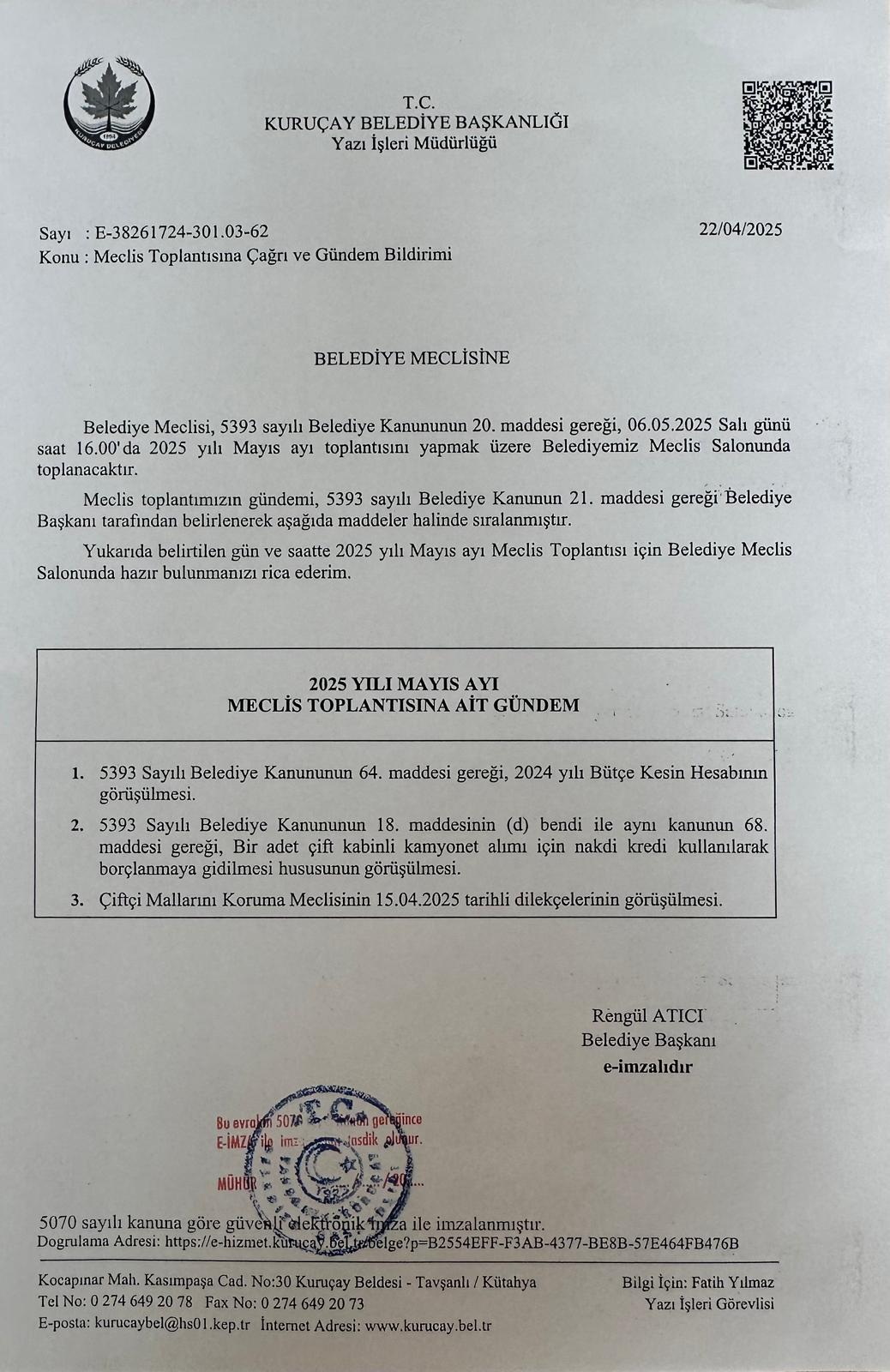 2025 Yılı Mayıs Ayı Meclis Toplantısına Ait Gündem...